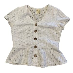 Japna White Eyelet Lace Peplum Blouse Top - Size Small